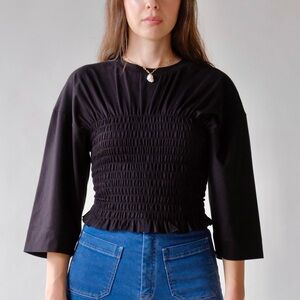 Black Smocked Waist Blouse - Women